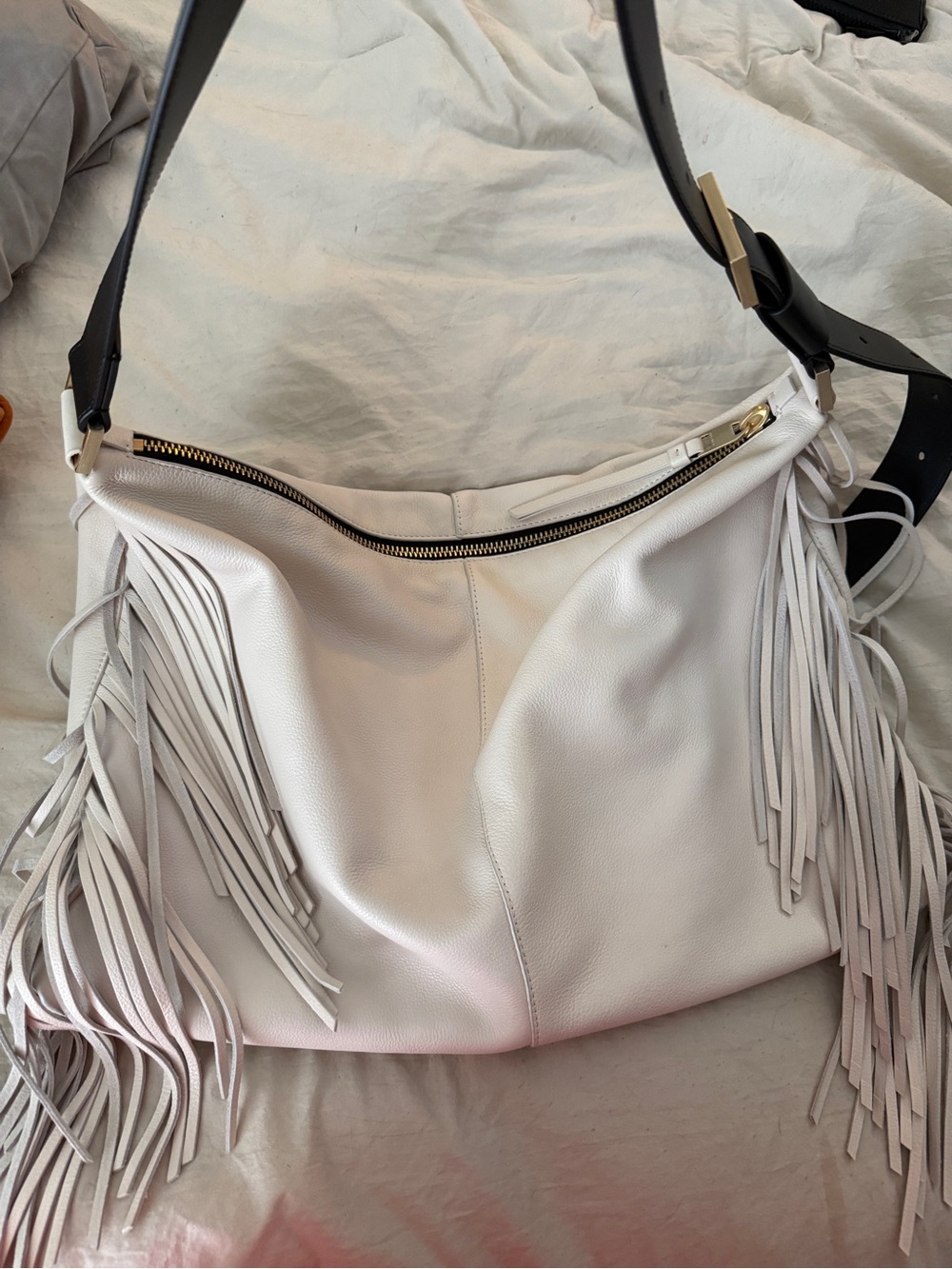 All Saints Edbury White Fringe Leather Shoulder Bag with Black Strap